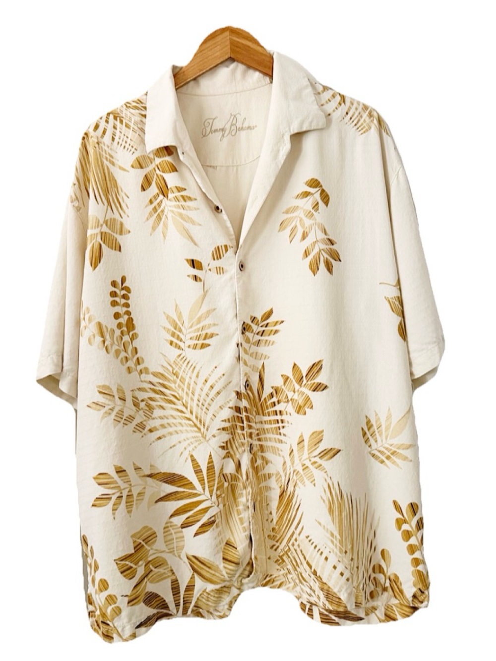 Tommy Bahama Silk Hawaiian Shirt XL Cream Tan Tropical Camp Button Front
